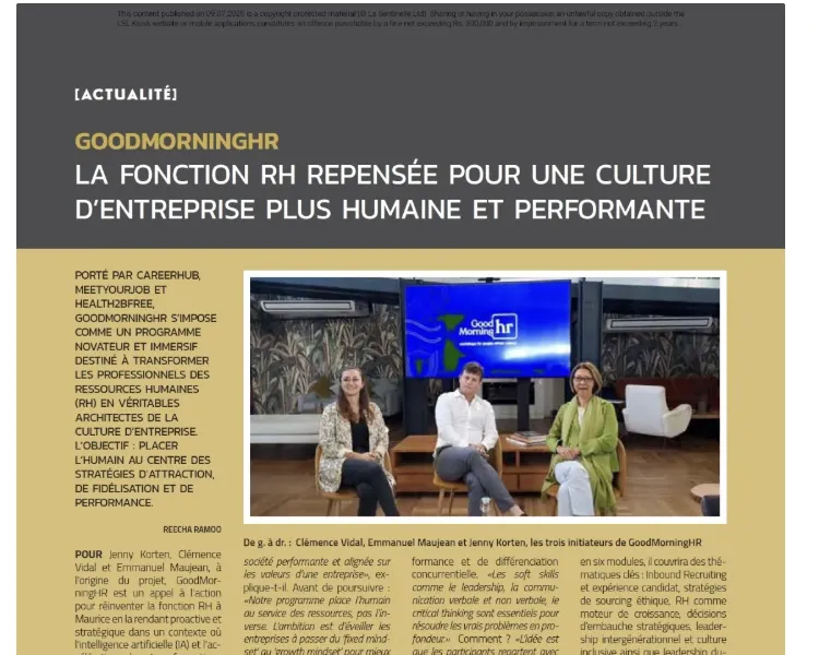 Coupure de presse : GoodMorningHR : la fonction RH repensée pour une culture d'entreprise plus humaine et performante Coupure de presse : GoodMorningHR : la fonction RH repensée pour une culture d'entreprise plus humaine et performante